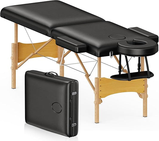 Brelley Massage Table Portable Wooden Lash Bed 24" Wide Adjustable Height 2-Fold Spa Table Foldable Tattoo Bed (Black)