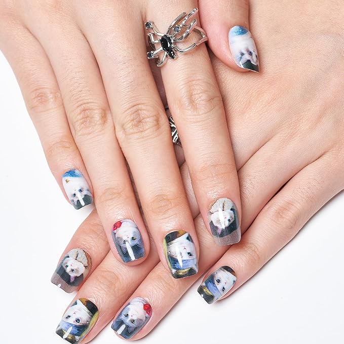 GLAMERMAID Press on Nails Extra Short Square, Winter Forest Foliage Cats Glue on Nails, Glossy Fake Nail Reusable Acrylic False Nails Manicure Kits for Women