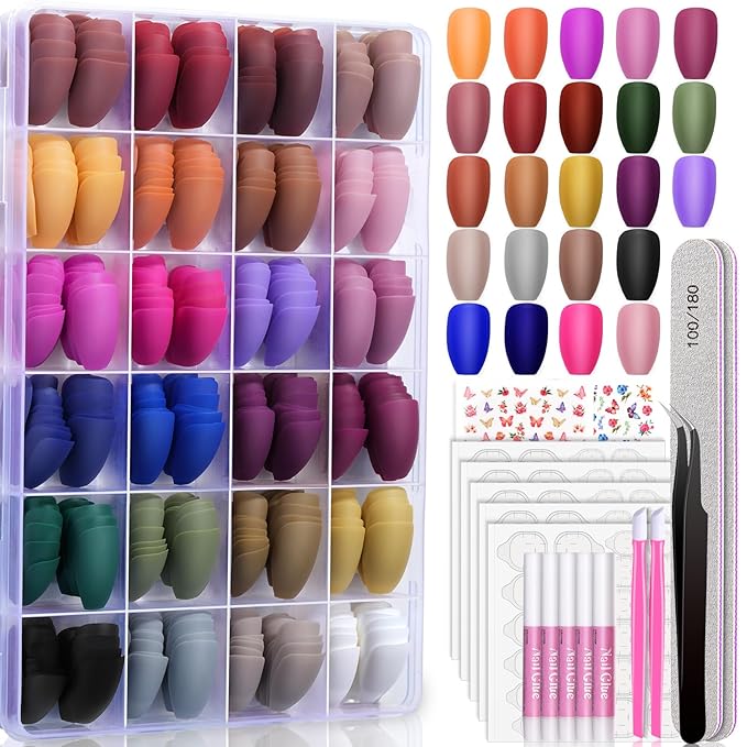 TsMADDTs Matte Press on Nails Coffin, Short Matte Fake Nails Almond 720PCS with Nail Adhesive Tabs, Files, Stickers, Tweezer, Glue for Nail Art DIY at Home