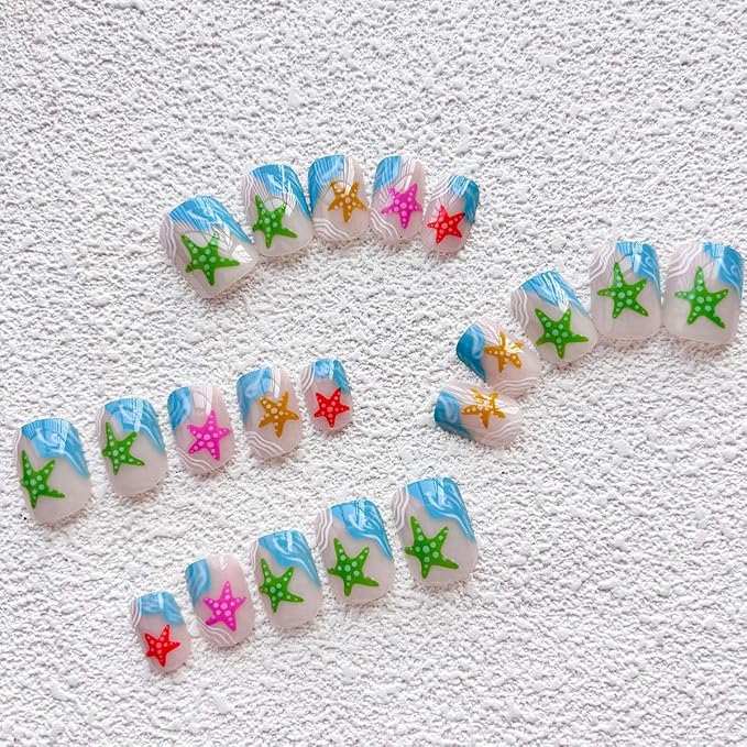 Summer Press On Nails Square Fake Nails Sea With Starfish Design Short False Nails Artificial Acrylic Nails Full Cover Glue On Nails Glossy Stick On Nails For Women Holiday Manicure 24pcs