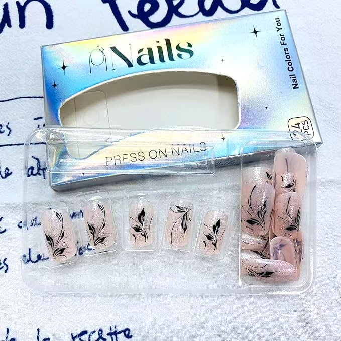 Fall Leaves Press on Nails Short Square False Nails With Glitter Design Full Cover Glue on Nail Reusable Black Leaves Acrylic Fake Nails Glossy Artificial Stick on Nail for Women