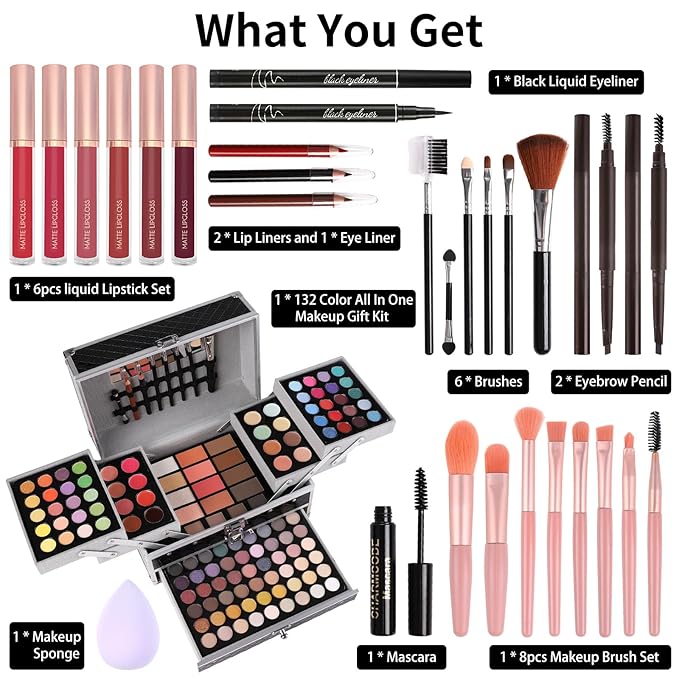 Makeup Gift Set For Women Girls, All in One Full Makeup Kit with Eyeshadow, Lip Gloss, Concealer, Blush, Contour, Highlighter Brushes Liquid Lipsticks Eyebrow Pen Mascara Eyeliner Pencil (Black Set)