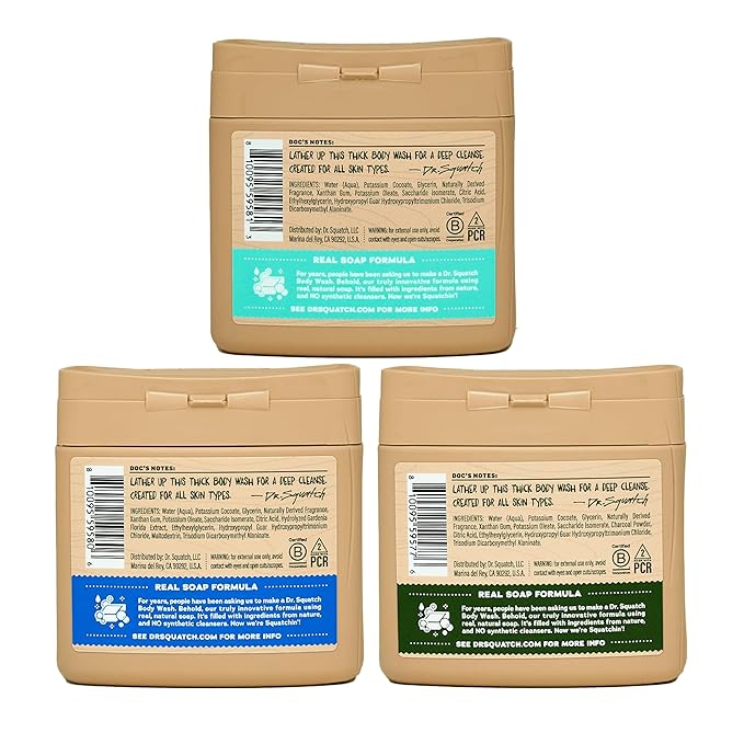 Dr. Squatch NEW Body Wash for Men with Nourishing, Natural Ingredients | No Paraben, Phthalate, Sulfate | All Day Moisturization | Fresh Falls, Coconut Castaway & Pine Tar (8 oz, 3-Pack)
