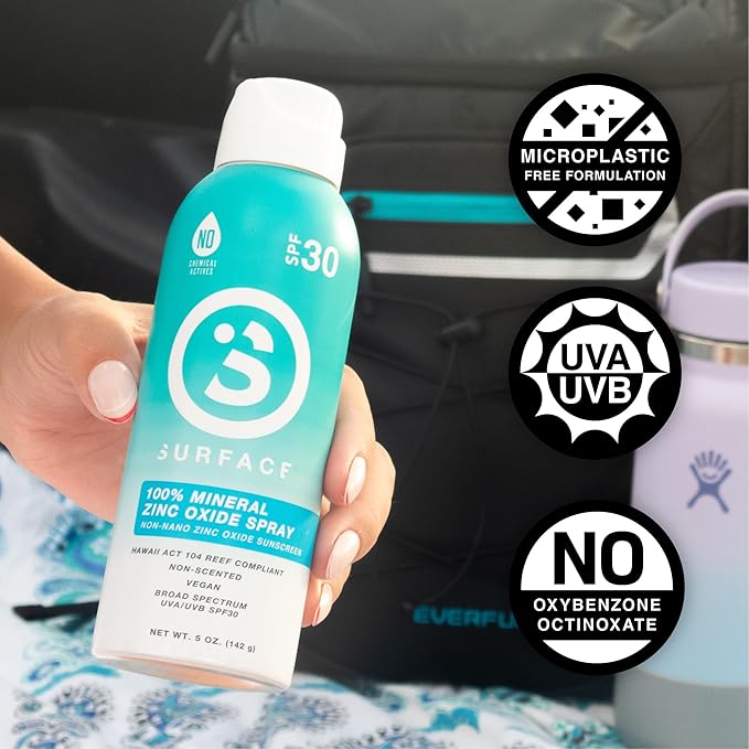 Surface Mineral Sunscreen Spray SPF 30 for Body, Lightweight Non-Nano Zinc Oxide Formula, Reef Friendly, Broad Spectrum UVA UVB Protection, Water Resistant Sun Care for 80 Minutes Outdoor Use, 5oz