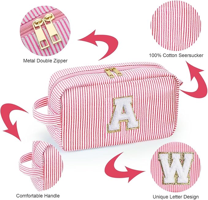YOOLIFE Pink Cosmetic Travel Makeup Bag - Monogram Cute Initial Makeup Bags Cosmetic Toiletry Pouch Make Up Case for Women Her Best Friend Friendship Teacher, Personalized Birthday Gifts for Women V