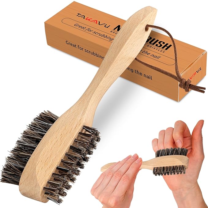 Takavu Horsehair Nail Brush, Natural Wood Handle, Nail Cleaning Brush for Scrubbing Fingernail Toenail Hand Feet, Dual Sided for Regular Manicure Nail Care Hygiene