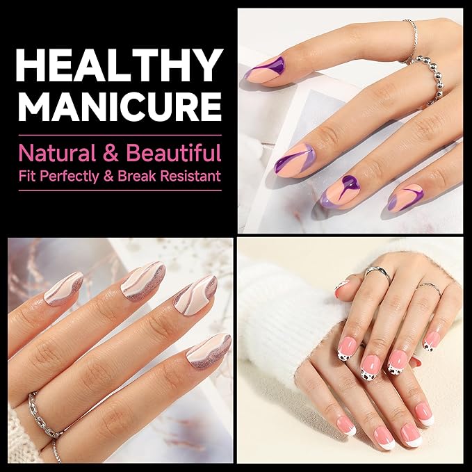 UNA GELLA Short Oval Round Nail Tips, Pre Etched Short Oval Gel Nail Tips Soft Gel Full Cover Press on Nails for Nails Extension Art DIY Salon 216Pcs 12 Sizes