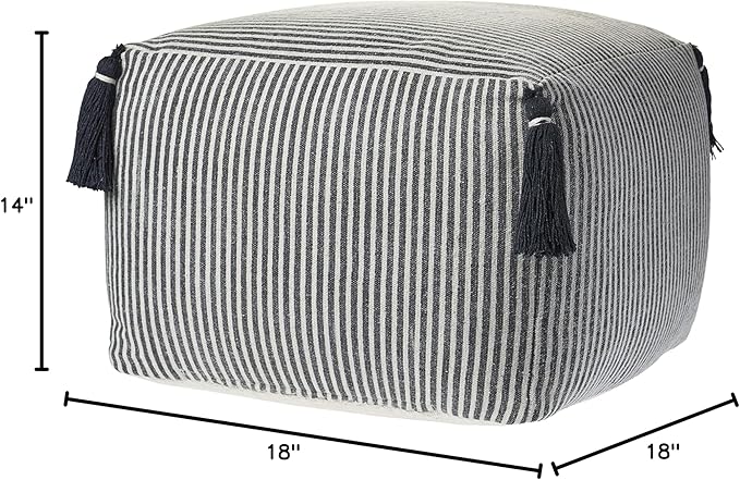 LR Home Handmade Contemporary Striped Gray/Ivory Cotton Pouf Ottoman for Home Decor | Farmhouse Foot Rest for Bedroom & Living Room Decor | 18 x 18 x 14 Stuffed Ottoman for Seating
