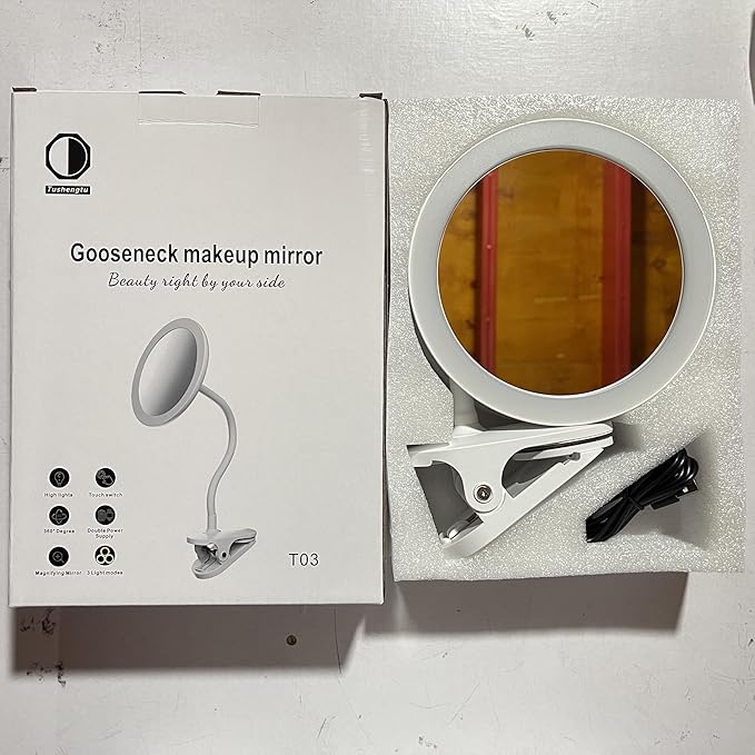 10X Magnifying Clip on Makeup Mirror Gooseneck, 6.5" Vanity Mirror with Light, 2000mAh USB Recharge 360° Rotating,Clip On Gooseneck Magnifying Vanity Mirror with Light,Travel Makeup Mirror (White 10X)