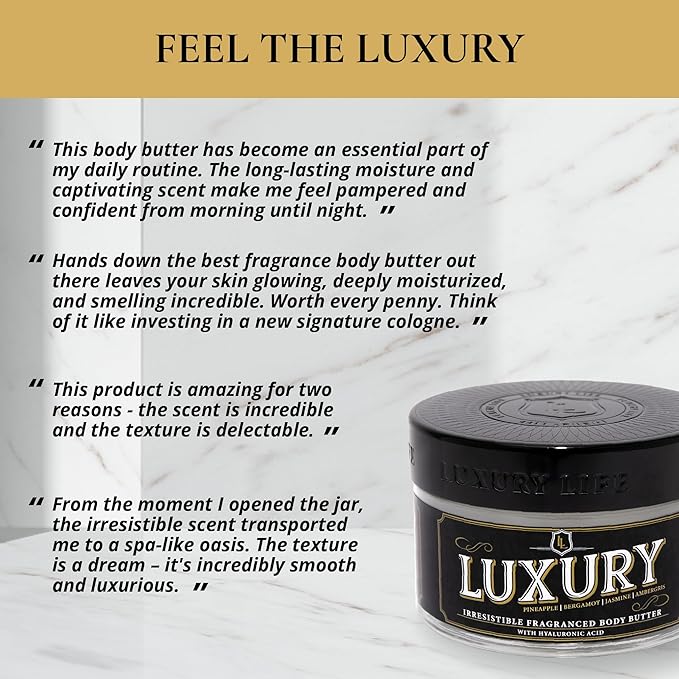 LUXURY LIFE BUTTER - Irresistibly Scented Body Butter with Hyaluronic Acid for Ultimate Moisture. Luxurious Natural Fragrance. Hydrates for a Non-Greasy Glamorous Glow, Presidential, 5 oz.