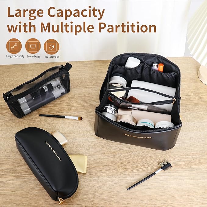 3 Pcs Travel Makeup Bag Portable Large Capacity Cosmetic Bags for Women Open Flat Makeup Case Organizer Bag Set of 3 Waterproof PU Leather Toiletry Bags with Divider and Handle (Black, Medium)