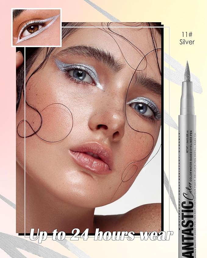Silver Matte Liquid Eyeliner Pencil, Colorful High Pigmented Waterline Eye liner Waterproof Pen, Bright Colored Smudgeproof Long Lasting Eyeliner Pen Christmas Party Festival Makeup Gift for Women-11