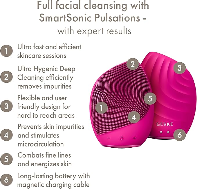 GESKE SmartAppGuided™ Sonic Facial Brush 5 in 1 | Vibrating Electric Facial Cleansing Brush | Soft Silicone Brush | Professional Facial Cleanser | Skin Cleanser & Exfoliator | Face Massager