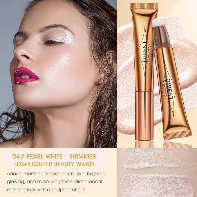 Liquid Highlighter Beauty Wand, Cream Liquid Highlighter Stick with Cushion Applicator, Lightweight Blendable, Long Lasting Silky Cream Highlighter Stick Contour Wand, Natural Face Shimmer Finish | 4# Highlight Pearl White