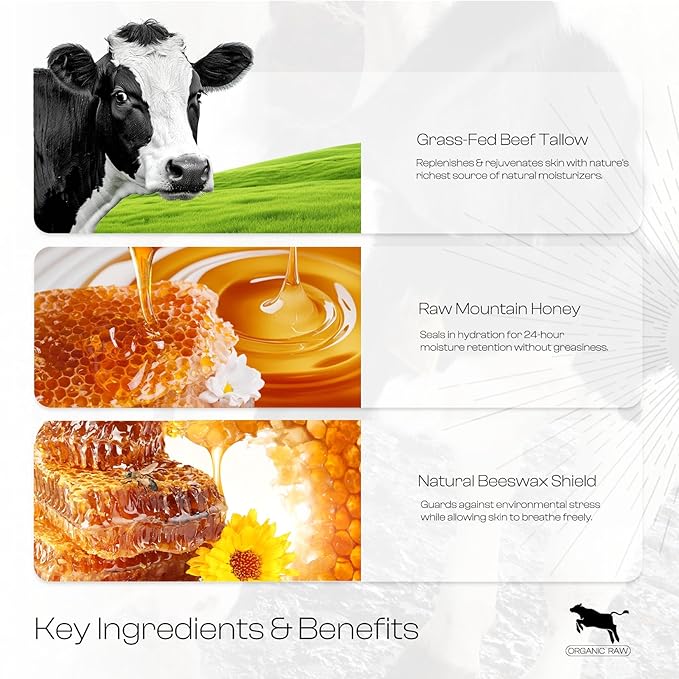 Beef Tallow for Skin: Tallow Honey Balm for Dry Skin - Organic Grass Fed Whipped Beef Tallow Moisturizer for Face Body at Home Travel 2Oz