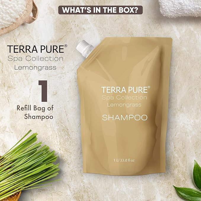 Terra Pure Spa Collection 1 Liter Shampoo Refill Bag For Soap Dispensers | Bulk Toiletries for Vacation Rentals, and Home Bathroom Showers | Green Tea Lemongrass | Single