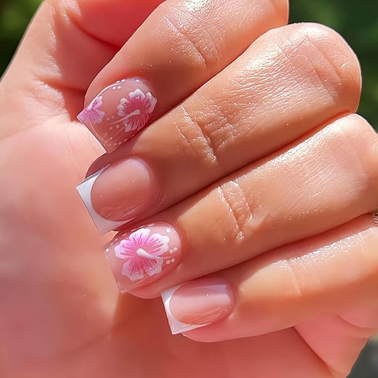 24Pcs White French Flower Press on Nails Short Square Fake Nails with Hibiscus Design Pink White Floral Glossy False Nails Reusable Acrylic Nails Full Cover Stick on Nails for Women DIY Manicure