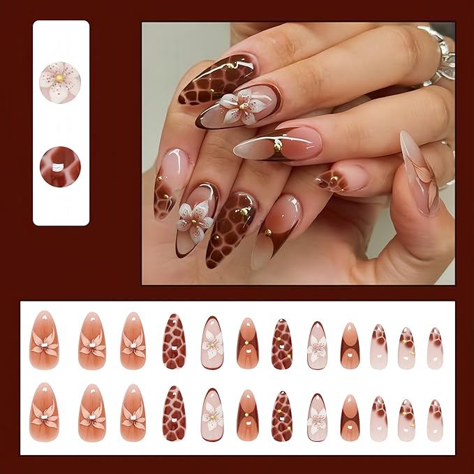 24Pcs Brown Flower Press on Nails Almond Medium Fake Nails with 3D Flower Designs Tortoise Pattern Glue on Fingernails Acrylic Nails Fall Winter Artificial Nails Full Cover Stick on Nails for Women