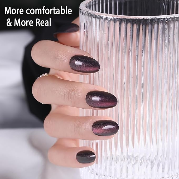 Cat Eye Press on Nails, Jsiallye 300pcs Colored Short Almond Press on Nails for Women, Soft Gel Fake Nails, Glossy Glitter Cat Eye Nail Tips Stick On Nails in 15 Sizes