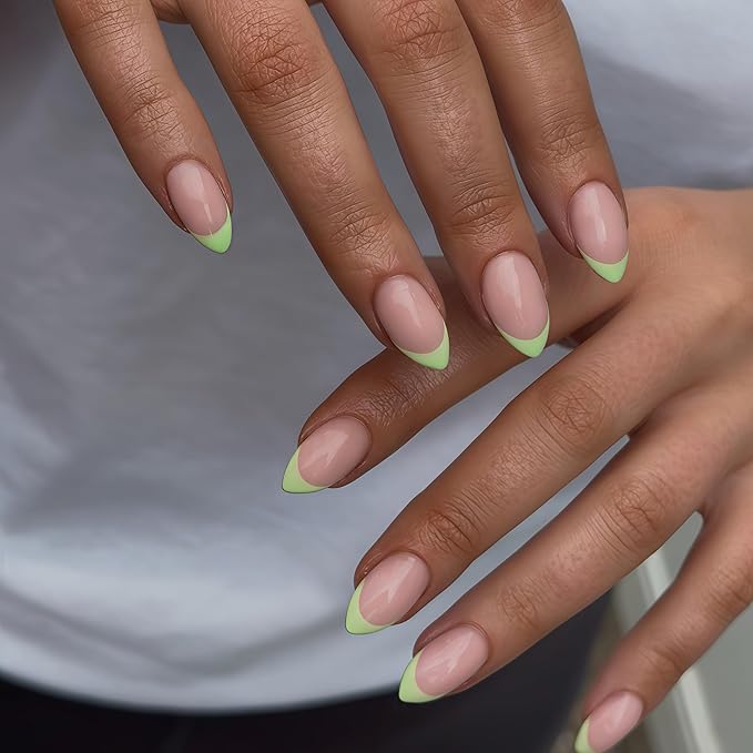 30 Pcs Light Green French Tip Press on Nails Short Almond, Acrylic Fake Nails with Glue Medium Stiletto Shape, Acrylic Natural Glue on Nails for Women, 15 Sizes