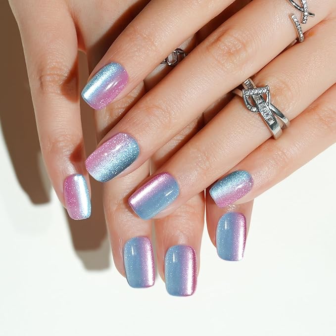 Press on Nails Short, Jofay Fashion Fake Nails, Two-color Ombre Cat Eye Press on Nails, Summer Acrylic False Nails, Reusable Stick on Nails for Women Girls, Glue on Nails Kit 32 Pcs, Twilight Purple