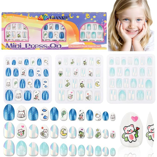 72 Pieces Press on Nails Girls, EBANKU 3 Pack Children Fake Artificial False Nail Tips Pre Glue Full Cover for Kids Nail Art Decoration