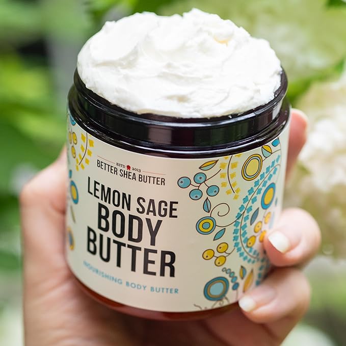 Lemon Sage Body Butter - Whipped Organic Shea Butter with Jojoba Oil and Essential Oils, Natural Lemon Lotion for Women and Men, Moisturizer for Dry Skin with No Synthetic Fragrances