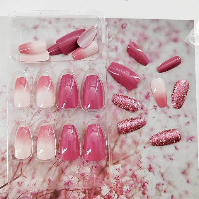 Press on Nails Short Coffin, Purple & Pink Purple Gradient Full Cover Fake Nails Acrylic False Nails with Glitter Sequins Designs Artificial Glue on Nails for Women 24 Pcs