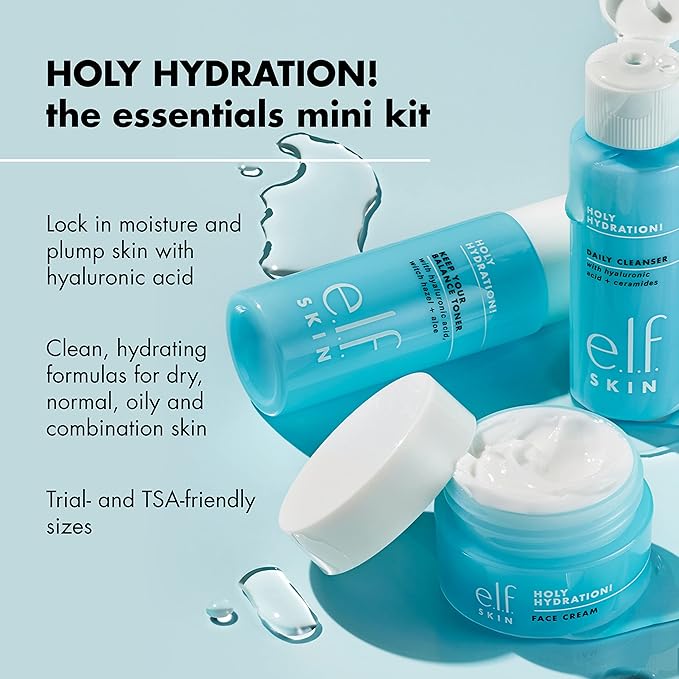 e.l.f. Skin Holy Hydration! The Essentials Mini Kit, Cleanser, Toner & Moisturizer for Hydrated & Balanced Skin, TSA-Friendly Sizes