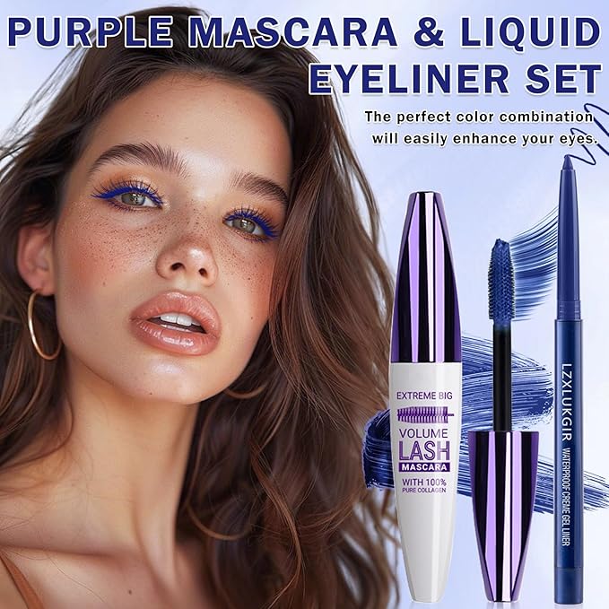 Blue Mascara and Eyeliner Set,Natural Curling Blue Mascara for Eyelashes,Volumizing Lengthening máscara de pestañas Waterproof,5D Colored Eye Makeup