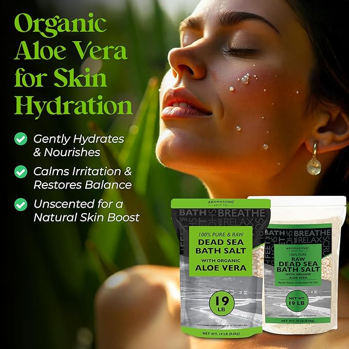 Aromasong 19 lbs RAW Dead Sea Salt with Organic Aloe Vera, not Cleaned, Still Contains All Dead sea Minerals Including Dead sea Mud, Fine Medium Grain Large resealable Bulk Pack - Packaging May Vary