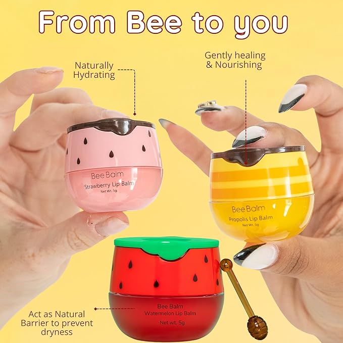 Original My Bee Balm Lip Balm – Hydrating Lip Care with Watermelon, Strawberry & Honey Pot – Moisturizing Balm for Dry, Chapped & Cracked Lips with Propolis, Honey & Vitamin E