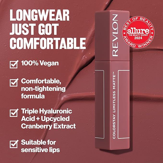 Revlon ColorStay Limitless Matte Liquid Lipstick, Vegan Formula, No-Budge, Longwear Lip Color, Long Lasting, Lightweight/Comfortable, Waterproof, 013 Real Deal, 0.17 fl oz
