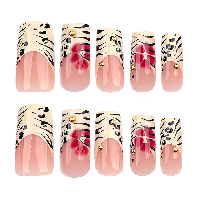 Leopard Print French Tip Press on Nails Long Square Fake Nails with 3D Gold Pearl Designs Red Blooming Flower Full Cover Glue On Nails Reusable Coffin Autumn Winter Brown False Nails for Women 24Pcs