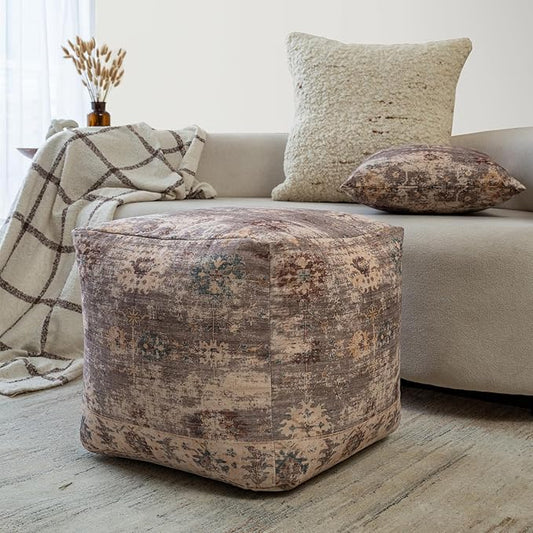 L. R. Resources, Inc. LR Home Vintage Floral Square Indoor Medium Pouf Ottoman, Taupe | Power-Loomed Polyester Footrest for Bedroom & Living Room Decor | 18 x 18 x 18 Filled Pouf for Seating