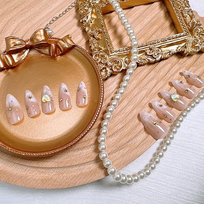 24Pcs Almond Press on Nails Medium Length Gold Star Fake Nails with Heart Diamond Designs Full Cover Nude Gradient Acrylic Nail Sun Stars False Nail Rhinestones Stick on Nails for Women