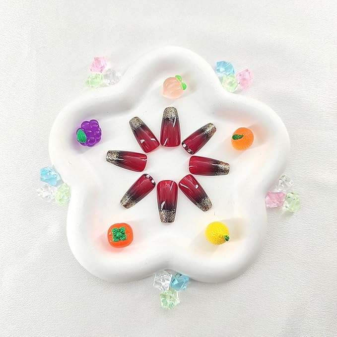 Coffin Press on Nails Medium Black Gradient Acrylic False Nails with Glitter Sequins Design Rhinestones Glue on Nails Claret Full Cover Coffin Nails Press ons Glossy Stick on Nails for Women 24Pcs