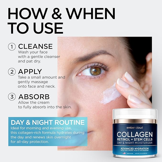 Collagen Face Cream with Stem Cells Retinol Hyaluronic Acid Niacinamide for All Skin Types - Anti-Aging Face Moisturizer with Airless Pump - Day & Night Cream for Wrinkles - Made in USA 1.7 Oz