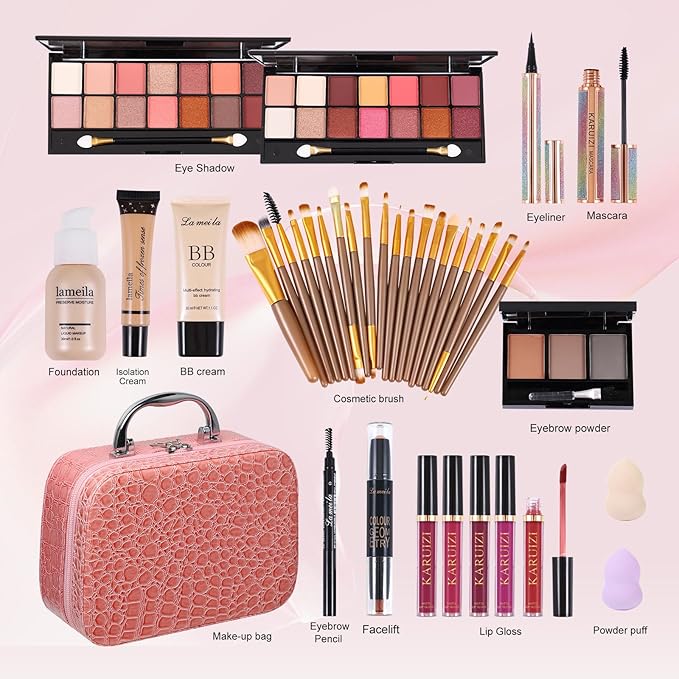 makeup sets for women,Professional Makeup Kit with Eyeshadow Palette,Brushes Set, Foundation, Lip Gloss, Travel Bag, Complete Beauty Set (Pink bag)