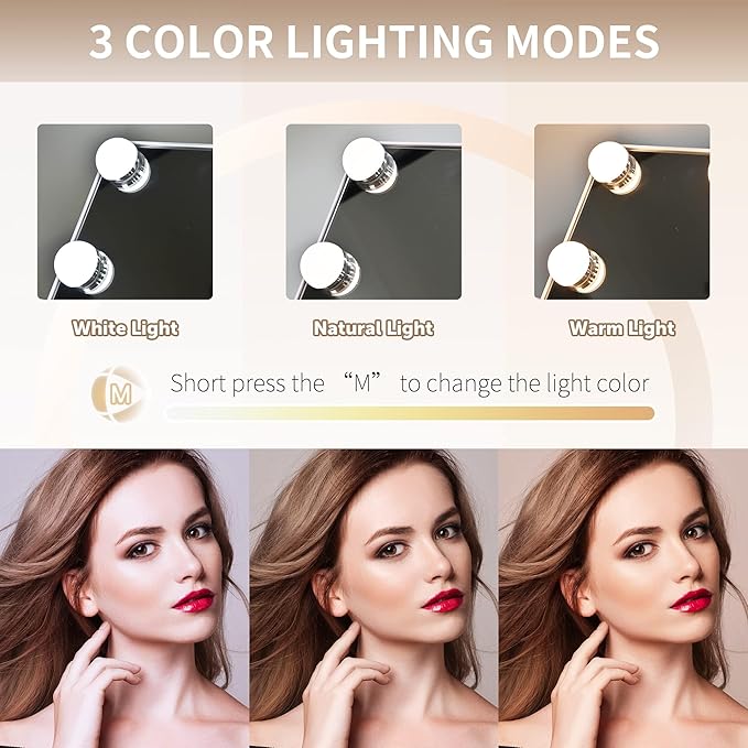 Hollywood Vanity Mirror with Lights, 15 Dimmable LED Bulbs 3 Color Lighted Makeup Mirror with Detachable 10X Magnification Mirror, Tabletop or Wall-Mounted, Touch Control