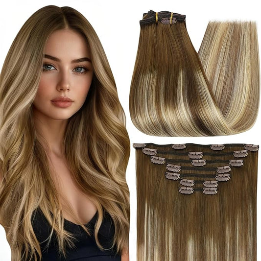 Full Shine Hair Extensions Real Human Hair Clip ins 16 Inch Invisible Clip in Extensions Remy Hair 7 Pcs Balayage Brown Ombre Ash Brown Mix Blonde 4/27/60/8 Hair Extensions for Fine Hair 120 G