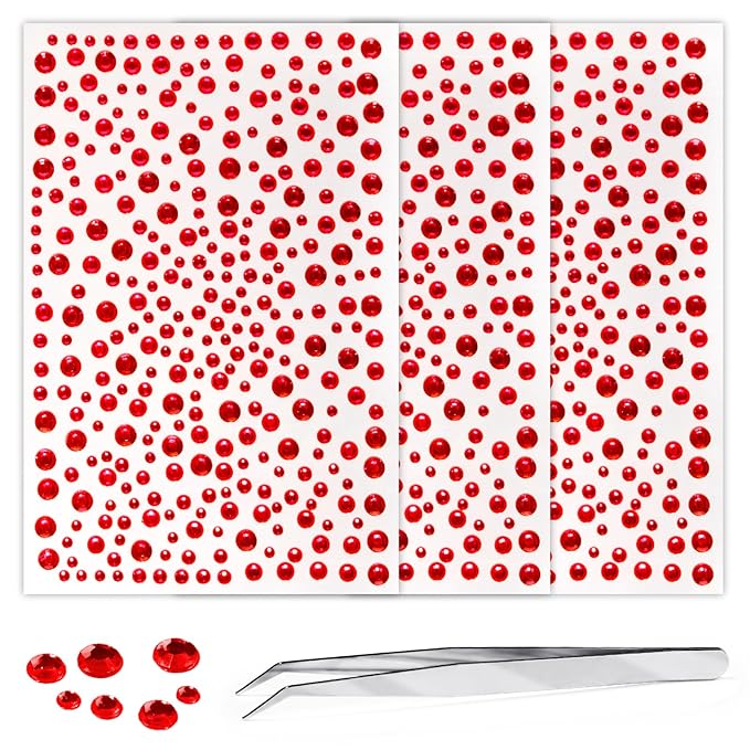 975Pcs Face Gems Hair Gems, Self-Adhesive Face Jewels Eye Jewels Rhinestones 3/4/5/6 mm DIY Face Gems Stick on, Hair Body Rhinestones Gems Crystals Pearls for Face Makeup, Crafts (gem_red)