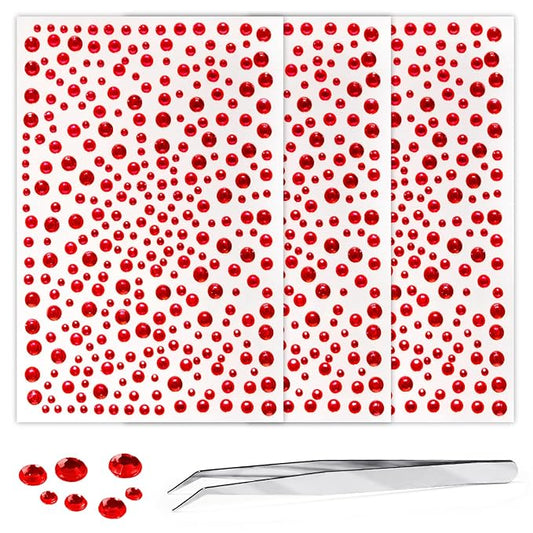 975Pcs Face Gems Hair Gems, Self-Adhesive Face Jewels Eye Jewels Rhinestones 3/4/5/6 mm DIY Face Gems Stick on, Hair Body Rhinestones Gems Crystals Pearls for Face Makeup, Crafts (gem_red)