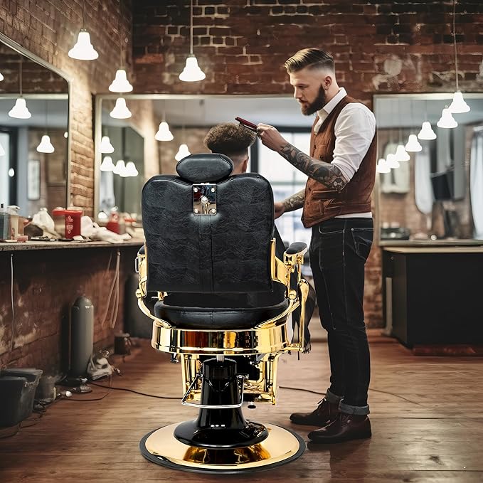 Winado Heavy Duty Vintage Recline Barber Chair Hydraulic with Headrest, Supports up to 700lbs & 360° Rotatable, Professional Salon Beauty Spa Shampoo Equipment (Gold - Square Backrest)