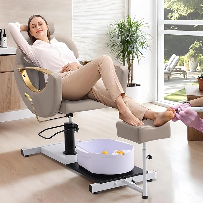 Pedicure Station No Plumbing, Hydraulic Pedicure Chair for Nail Tech, Height Adjustable Reclining Pedicure Station Unit, 360 Degree Swivel Foot Spa Chair with Massage Foot Bath (Grey-Golden)