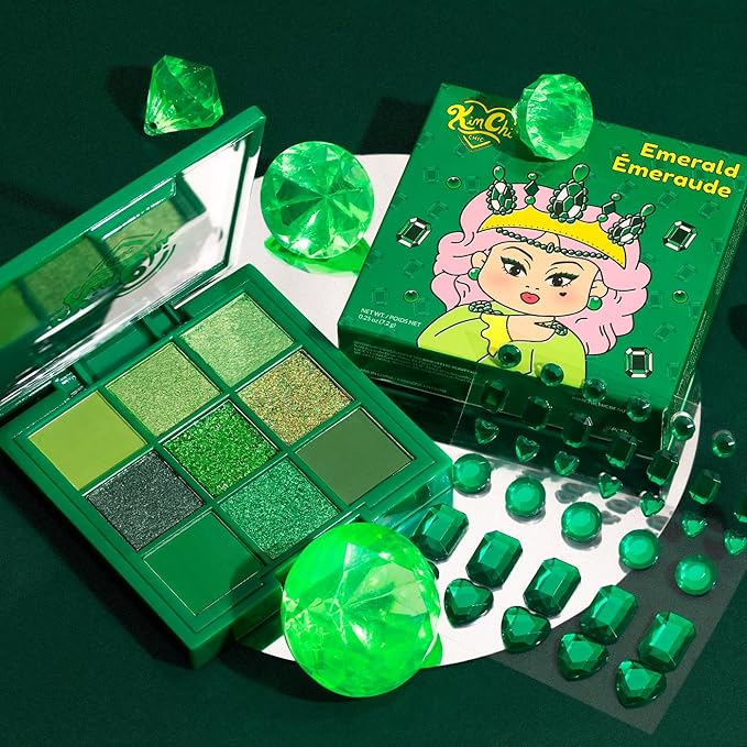 KimChi Chic Jewel Collection Eyeshadow Palette - Pigmented Blendable & Long Lasting Colors, Matte & Glitter Shades, Includes Jewel Stickers, Cruelty Free, Emerald