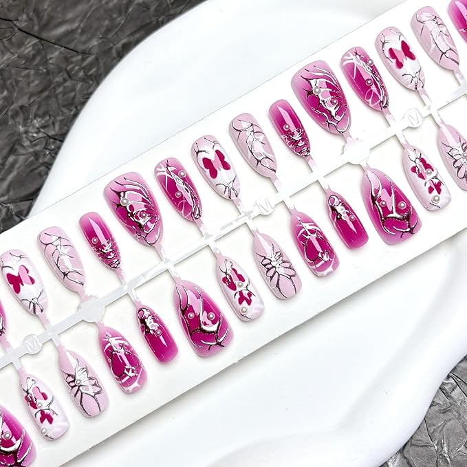 30Pcs Silver Butterfly Press on Nails Medium Almond Fake Nails with 3D Pearl Design Rose Red Gradient Bow Gilded Metal False Nails Y2K Style Full Cover Acrylic Stick on Nails for Manicure DIY