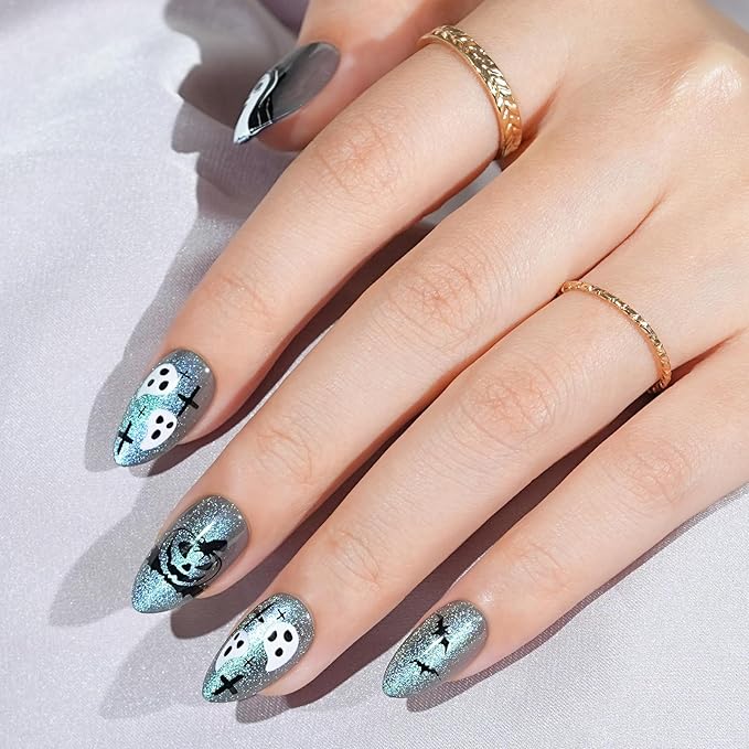 Halloween Press On Nails Short Almond - Haunted Harvest, Green Cat Eye Halloween Nails, Acrylic Square Halloween Fake Nails with Nail Glue, Stick On Nails in 16 Sizes - 32 PCS Soft Gel Kit