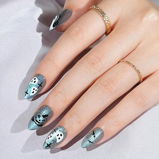 Halloween Press On Nails Short Almond - Haunted Harvest, Green Cat Eye Halloween Nails, Acrylic Square Halloween Fake Nails with Nail Glue, Stick On Nails in 16 Sizes - 32 PCS Soft Gel Kit