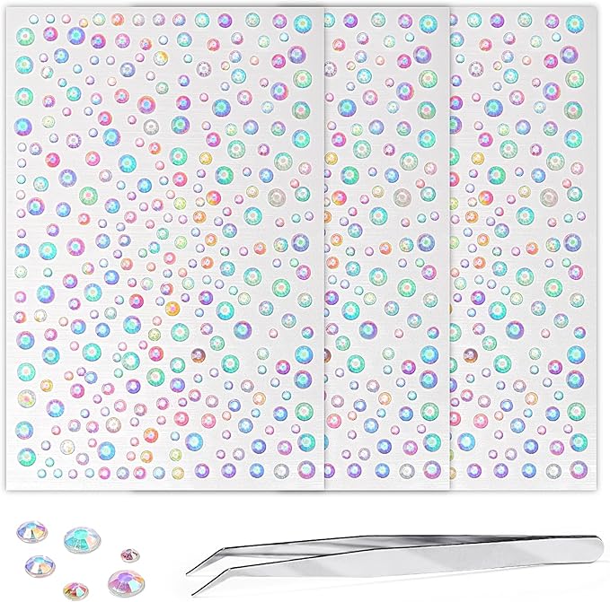 975PCS Gem Stickers Jewels for Crafts Face Gems 3/4/5/6MM Aurora Hair Nails Craft DIY Decor Makeup Stick on Body Crystal Clear Crystal Face Jewels for Women Face Gems Dtick On